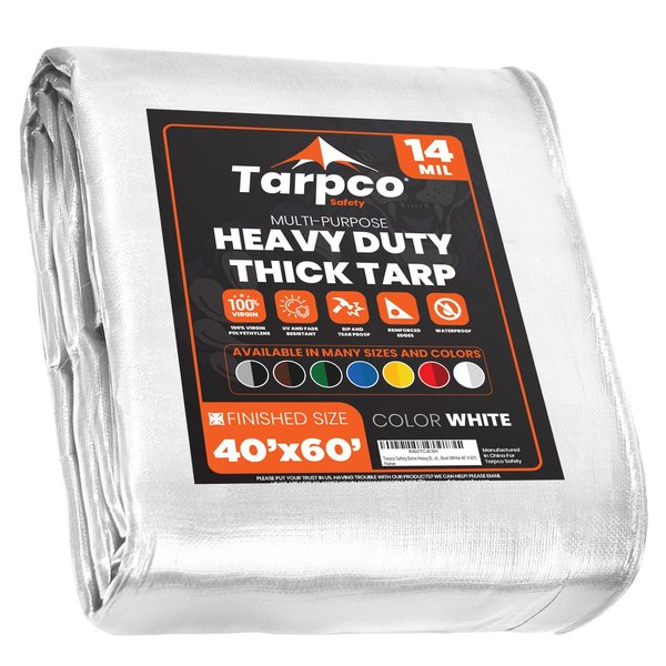 Tarpco Safety 60 ft L x 0.5 mm H x 40 ft W Heavy Duty 14 Mil Tarp, White, Polyethylene TS-104-40X60
